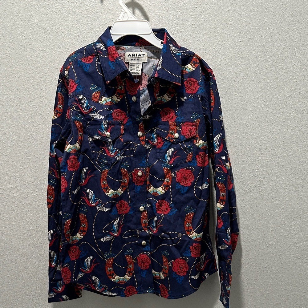 Ariat Pearl Snap Kids' Navy and Red Western Blouse